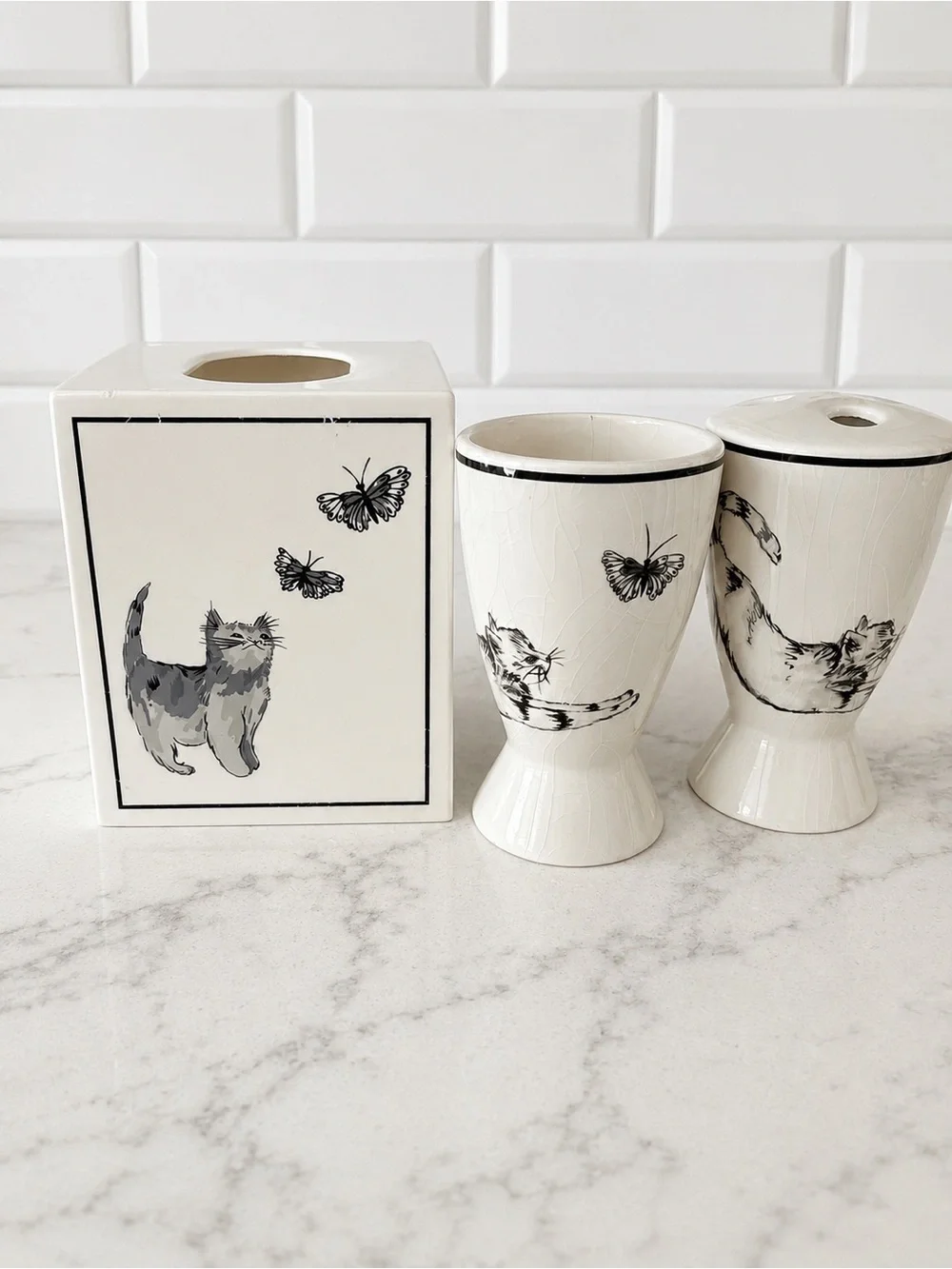 Vintage Cat Butterfly Ceramic Bathroom Set Tissue Cover Toothbrush Holder Cup